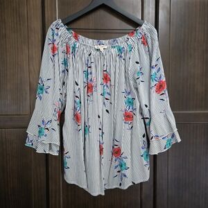 Grand &‎ Greene Womens 2X Floral Stripe 3/4 Sleeve Double Ruffle Off Shoulder